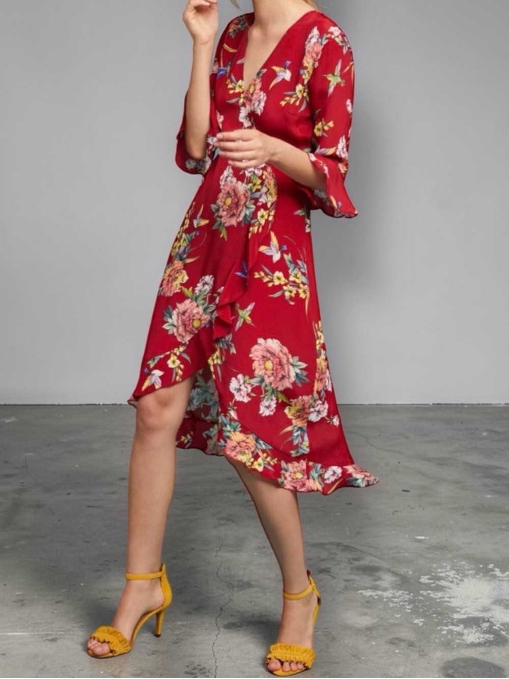 Kachel x Anthropologie Red Floral Hummingbird Silk Midi Wrap Dress Size 6